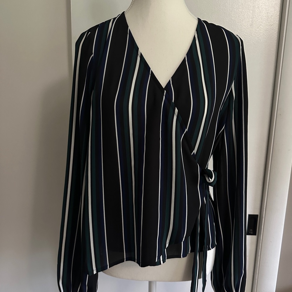 Express Black and White Long Sleeve Wrap Blouse